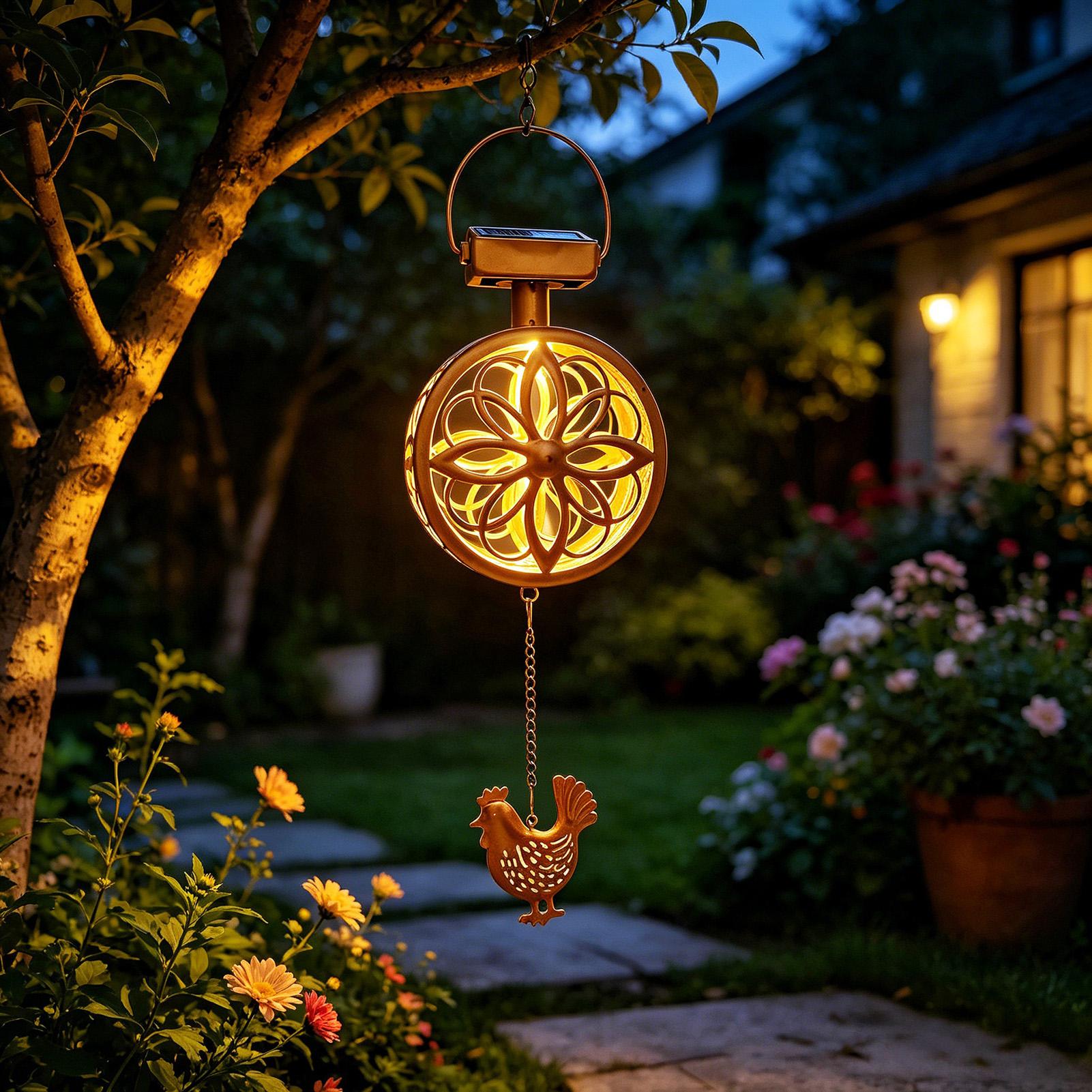Outdoor Lighting Yard Decoration - โคมไฟแขวนโซลาร์เซลล์กลางแจ้ง รูปทรงดอกไม้ พร้อมกระดิ่งลม ทำจากเหล็ก กันน้ำ ตกแต่งสร้างบรรยากาศ