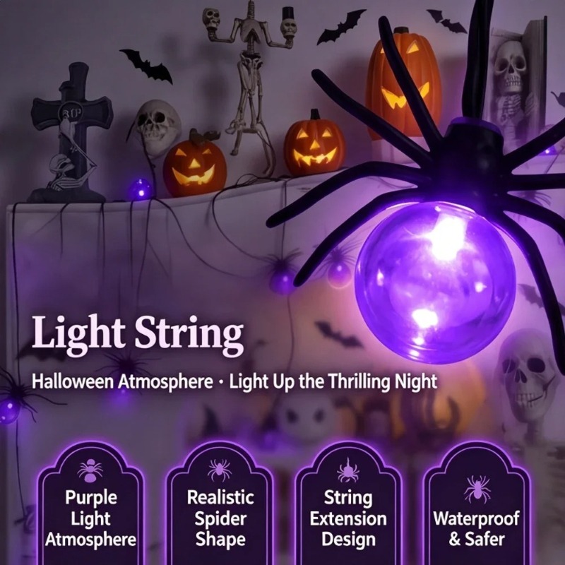 Outdoor Lighting Yard Decoration - ไฟสาย LED รูปแมงมุมใช้พลังงานจากแบตเตอรี่ สำหรับตกแต่งกลางแจ้งในวันฮาโลวีน งานปาร์ตี้ในสวนหรือสนามหญ้า