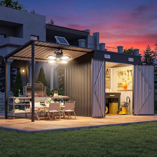 Outdoor Lighting Gazebo - โรงเก็บของกลางแจ้งขนาด 6x4 ฟุต พร้อมหลังคาแข็งและไฟโซลาร์เซลล์สำหรับโรงเก็บของ | โรงเก็บของโลหะขนาด