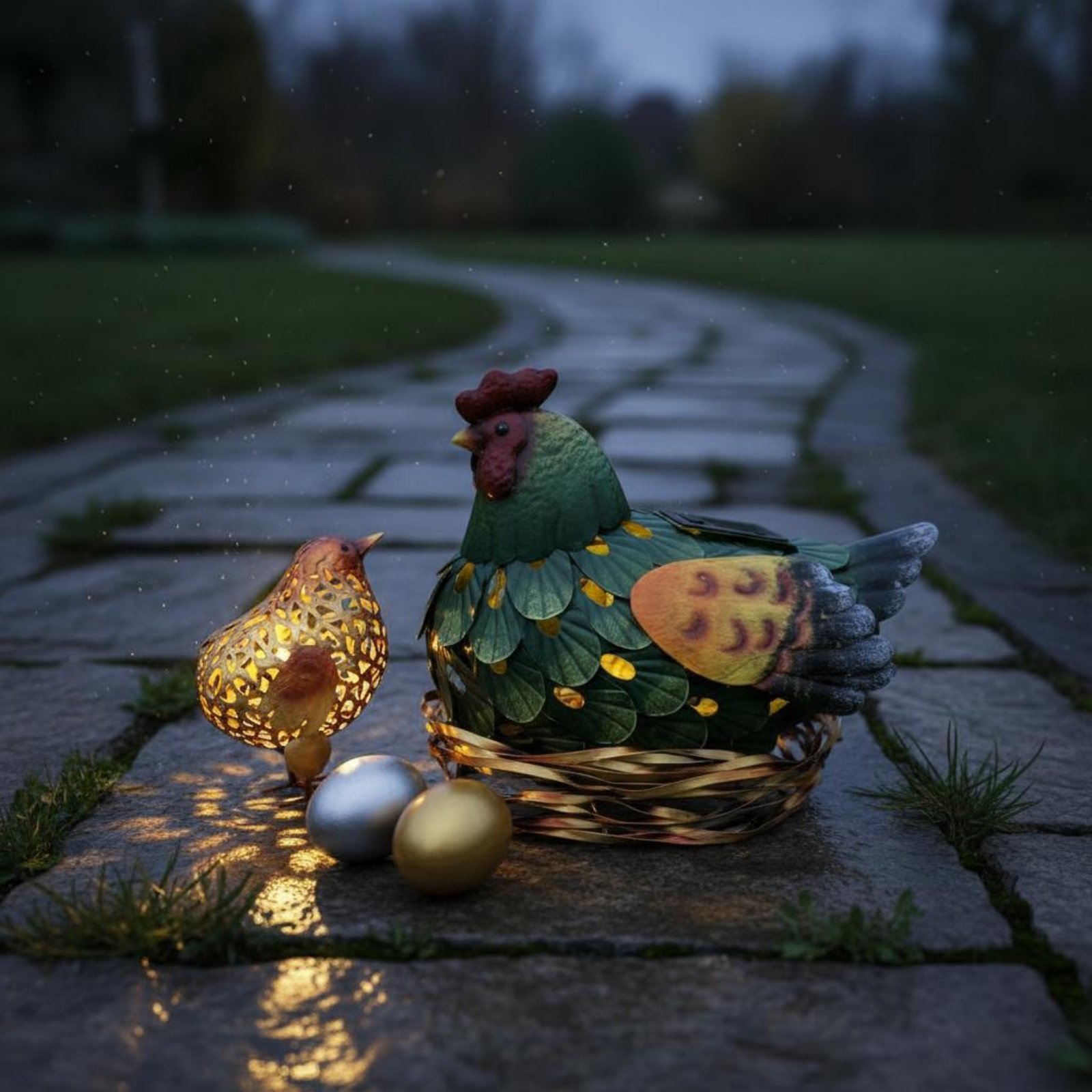 Outdoor Lighting Yard Decoration - โคมไฟโซลาร์รูปไก่ ตกแต่งสวนกลางแจ้ง รูปปั้นแม่ไก่และลูกไก่ พร้อมไฟประดับ ตกแต่งสวน ทนทานต่อสภาพอากาศ