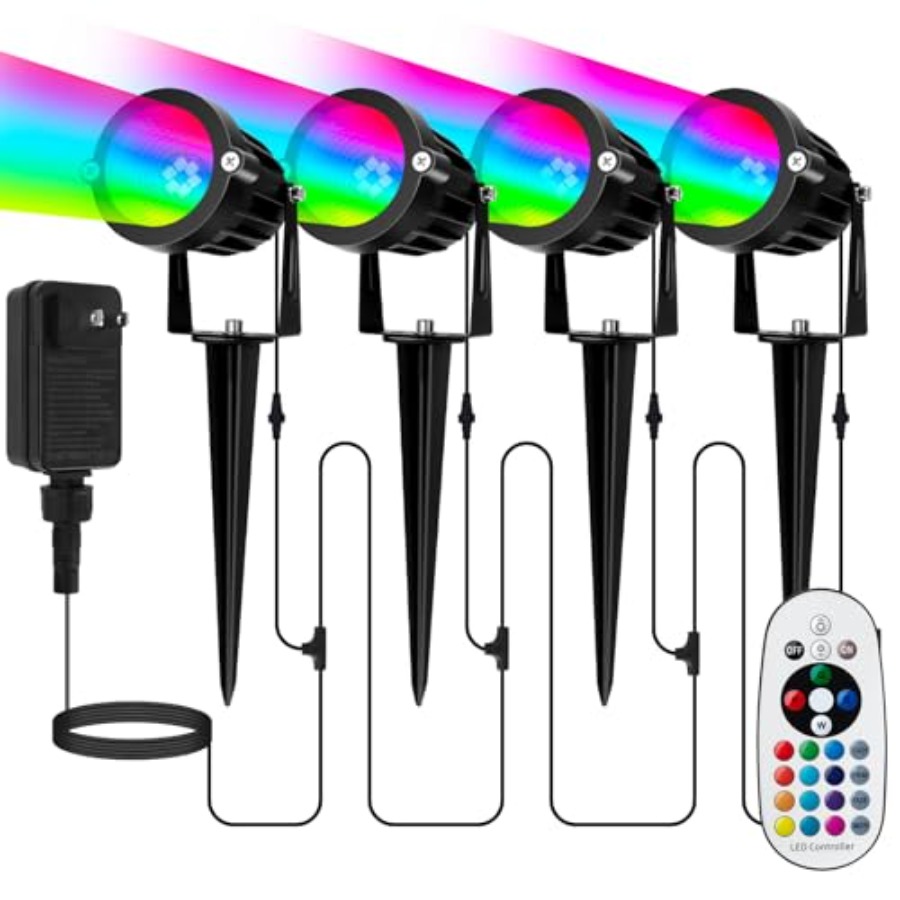 Outdoor Lighting Kit With Transformer - ไฟสปอตไลท์กลางแจ้งสำหรับฮาโลวีนและคริสต์มาส: ชุดไฟตกแต่งภูมิทัศน์ 4-in-1 RGBW แรงดันต่ำ พร้อมหม้อแปลงแบบเสียบปลั๊ก